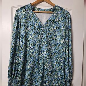 Blue & Green Floral V-Neck Blouse